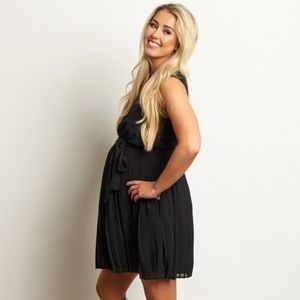 Black Pleated Sash Tie Tunic/Dress